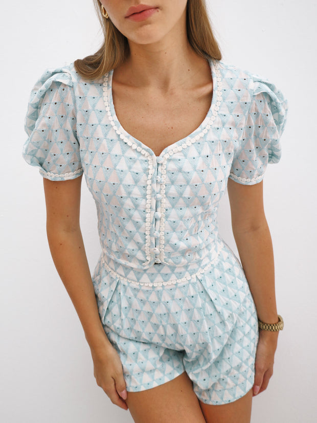 Sabrina Button Through Embroidered Top | Aqua & White