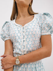 Sabrina Button Through Embroidered Top | Aqua & White