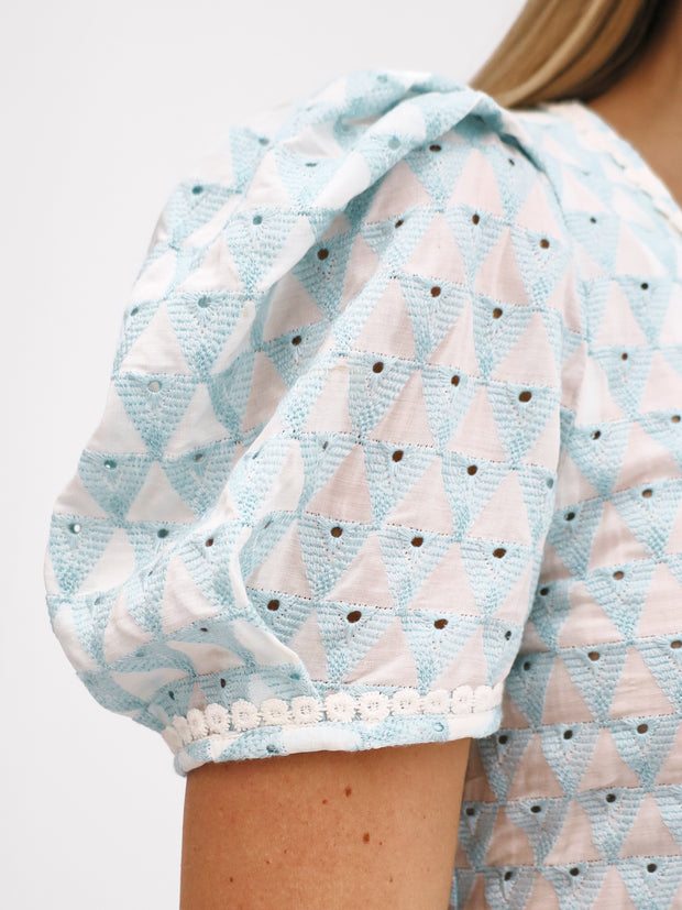 Sabrina Button Through Embroidered Top | Aqua & White