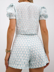 Sabrina Embroidered Cotton Shorts | Aqua & White