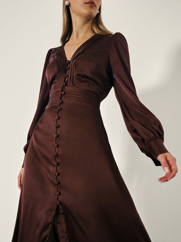 Saskia Flowing Detailed Button Dress | Espresso