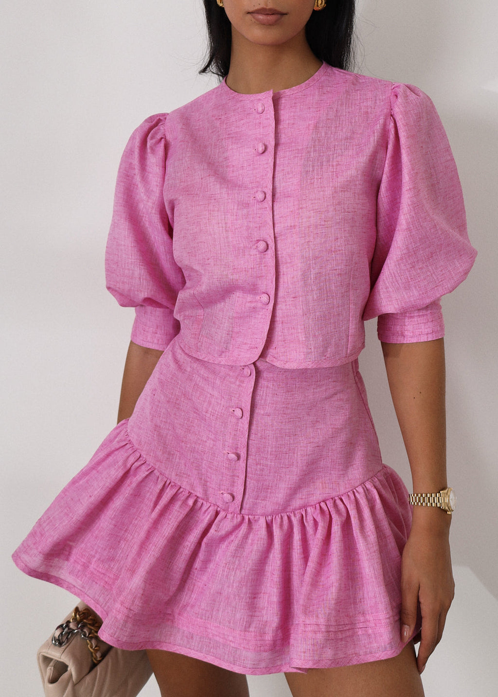 Shashi Linen Button Through Top | Cosmo Pink