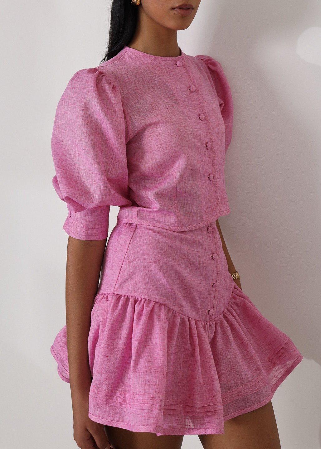 Shashi Linen Button Through Top | Cosmo Pink