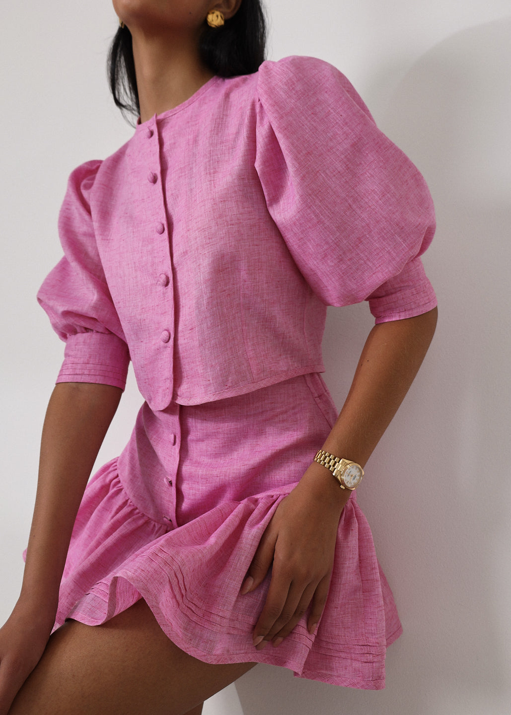 Shashi Linen Button Through Top | Cosmo Pink