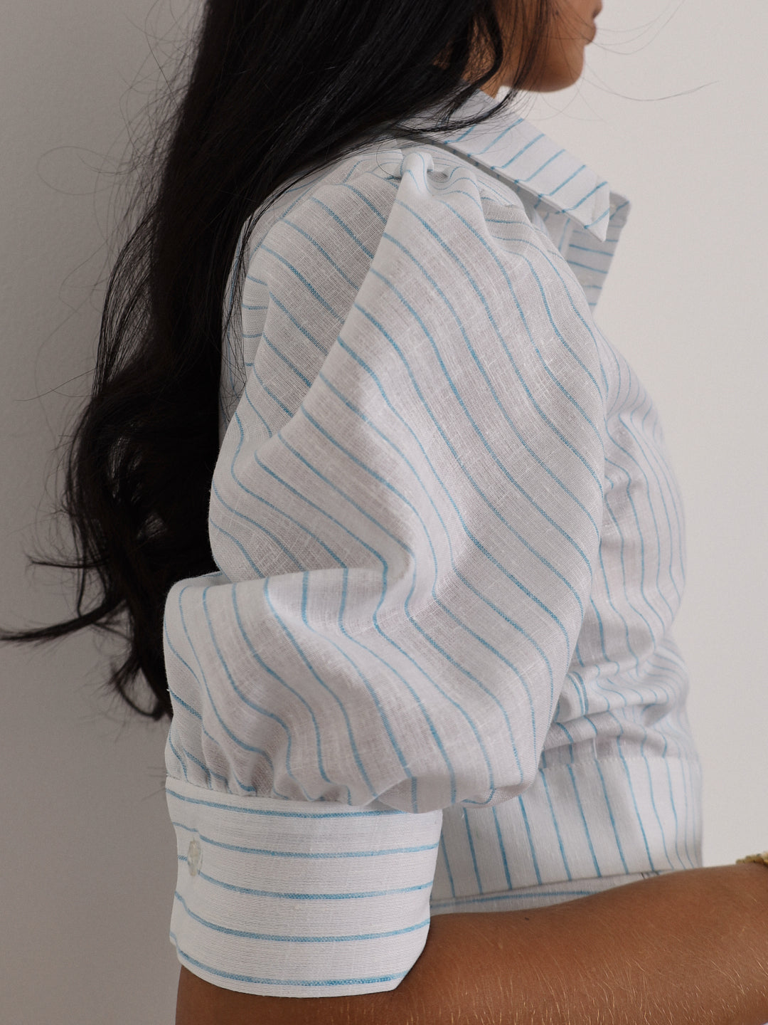 Shira Striped Shirt With Volume Sleeve | White/Blue