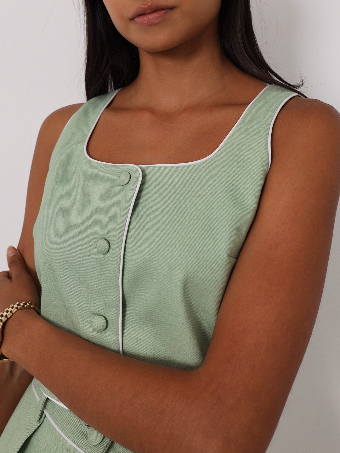 Shola Contrast Edge Denim Top | Pistachio/White