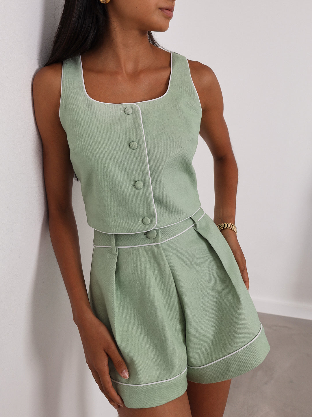 Shola Contrast Edge Denim Top | Pistachio/White