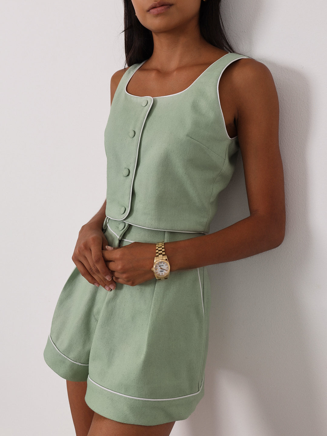 Shola Perfect Fit Denim Shorts | Pistachio/White