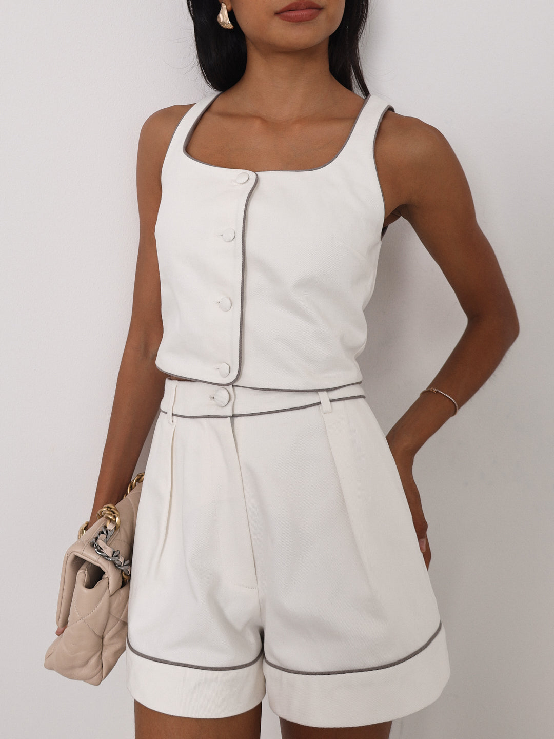 Shola Perfect Fit Denim Shorts | White/Taupe