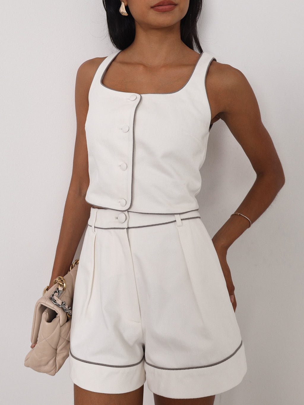 Shola Contrast Edge Denim Top | White/Taupe