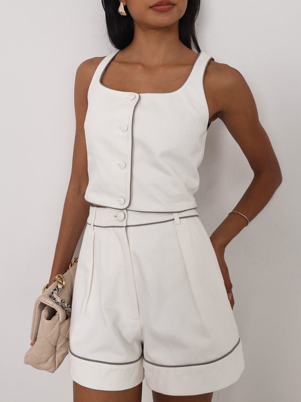 Shola Contrast Edge Denim Top | White/Taupe