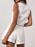 Shola Contrast Edge Denim Top | White/Taupe