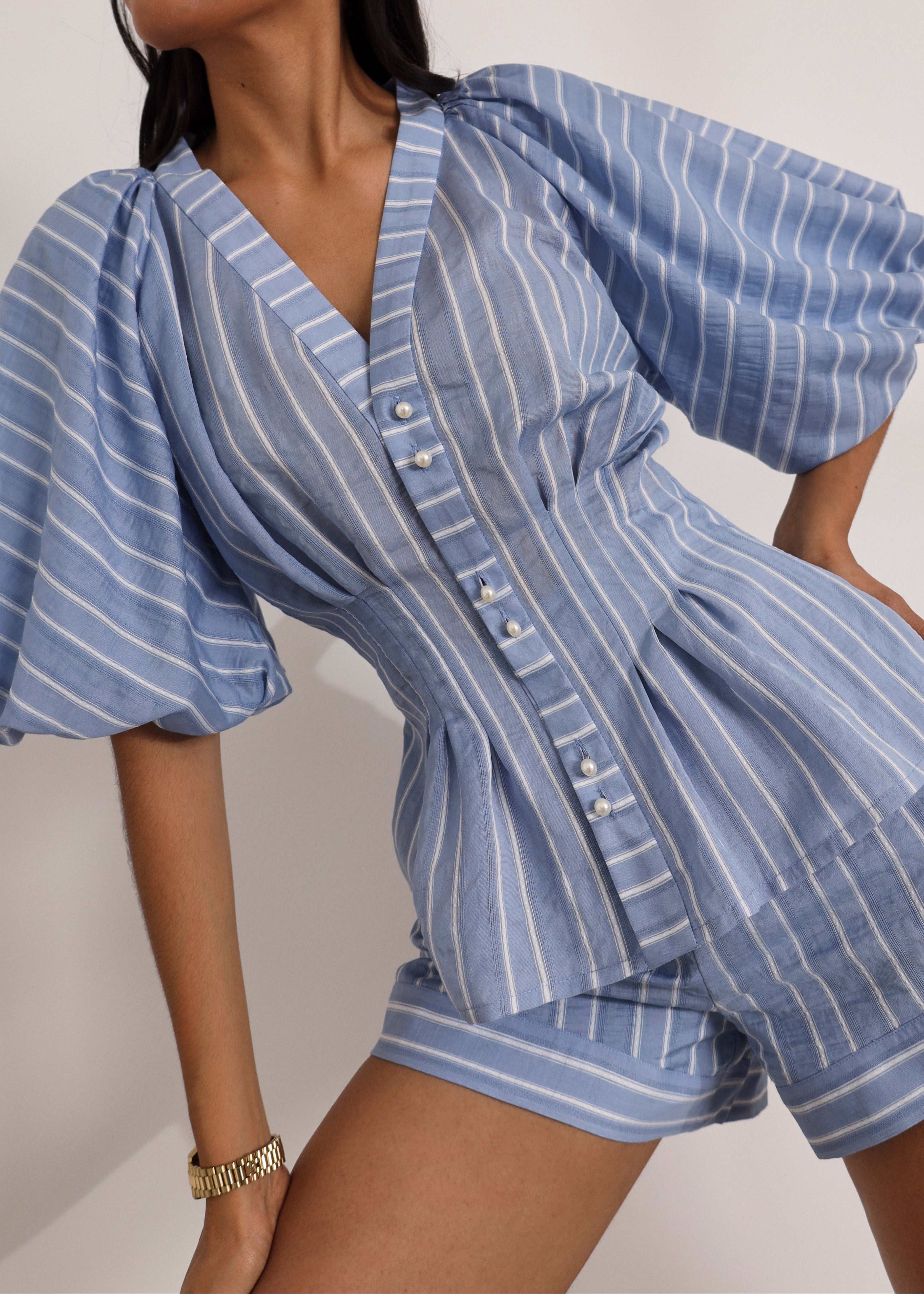 Skye Volume Sleeve Stripe Top | Blue/White
