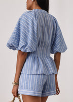 Skye Volume Sleeve Stripe Top | Blue/White