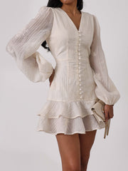 Solene Embroidered Frill Dress | Cream