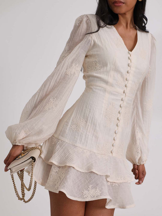 Solene Embroidered Frill Dress | Cream