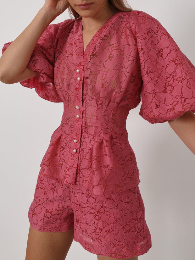 Suri Devore Volume Sleeve Blouse | Cosmopolitan Pink