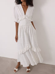 Sylvie Embroidered Cotton Summer Day Dress | White