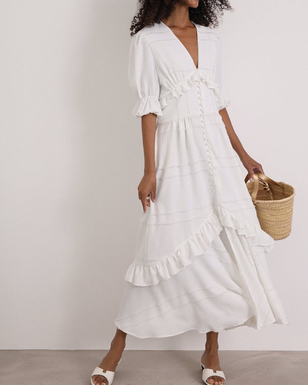 Sylvie Embroidered Cotton Summer Day Dress | White