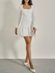 Tabitha Jacquard Puff Ball Hem Dress | White