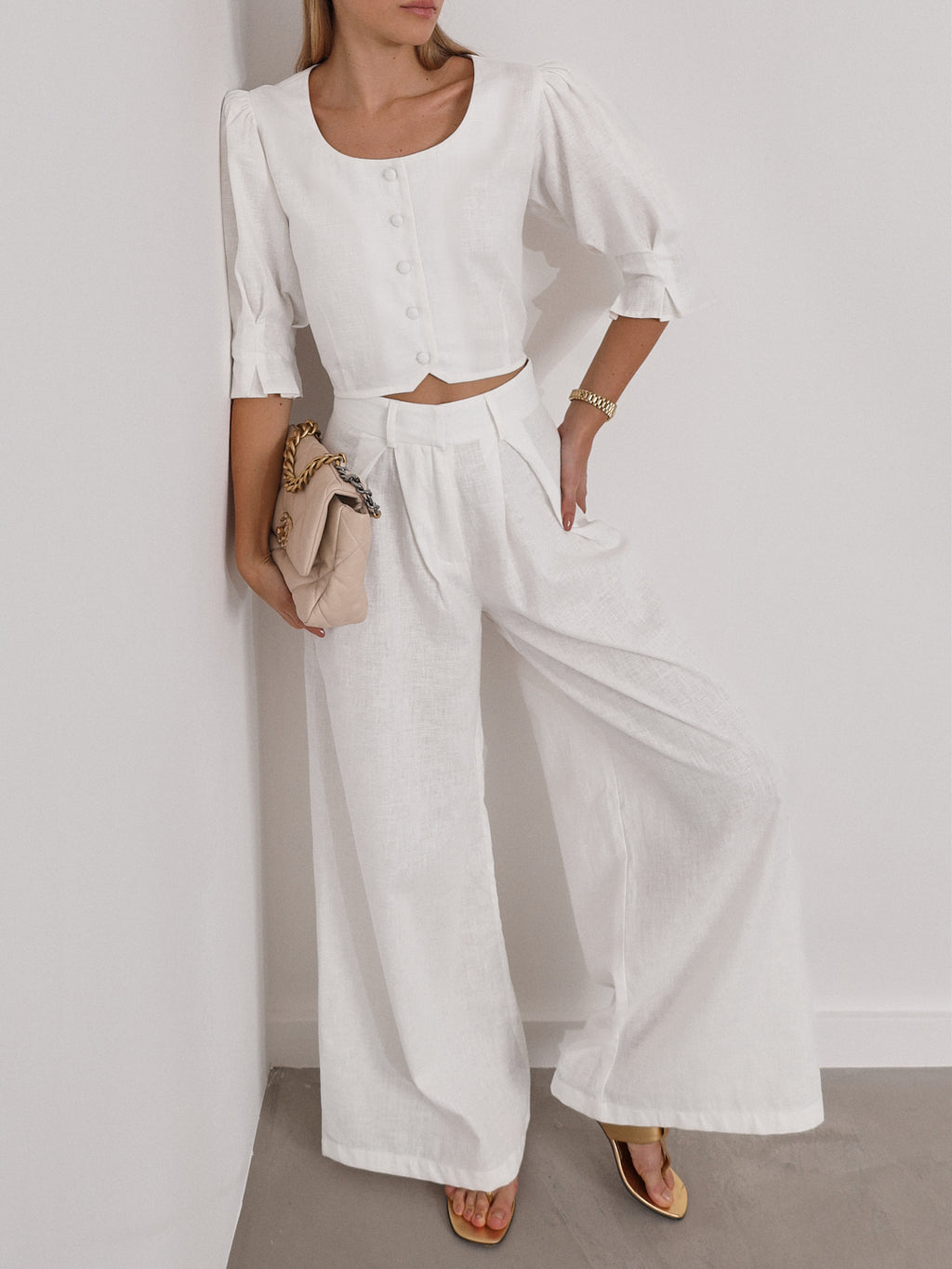 Thalia Timeless Wide Leg Linen Trouser | White