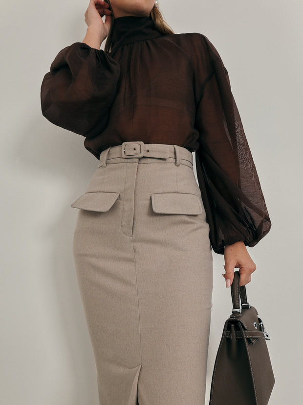 Anya Wool Blend Pencil Skirt | Almond Beige