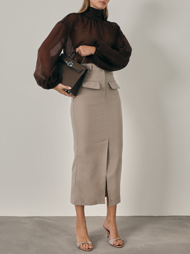 Anya Wool Blend Pencil Skirt | Almond Beige