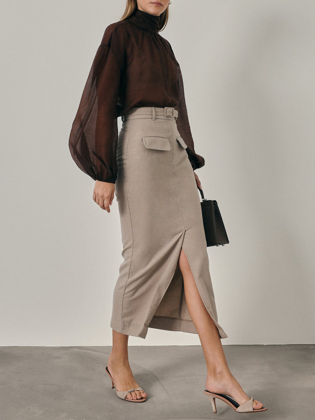 Anya Wool Blend Pencil Skirt | Almond Beige