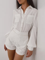 Vaneya Pearl & Lace Trim Elegance Shirt | White