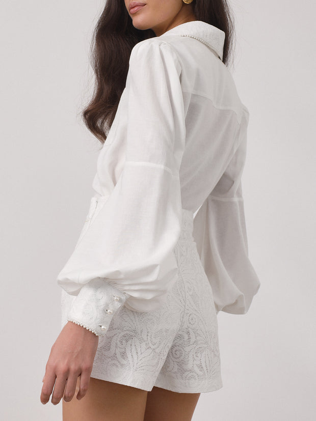 Vaneya Pearl & Lace Trim Elegance Shirt | White