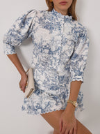Verona Printed Scallop Trim Blouse | White & Blue