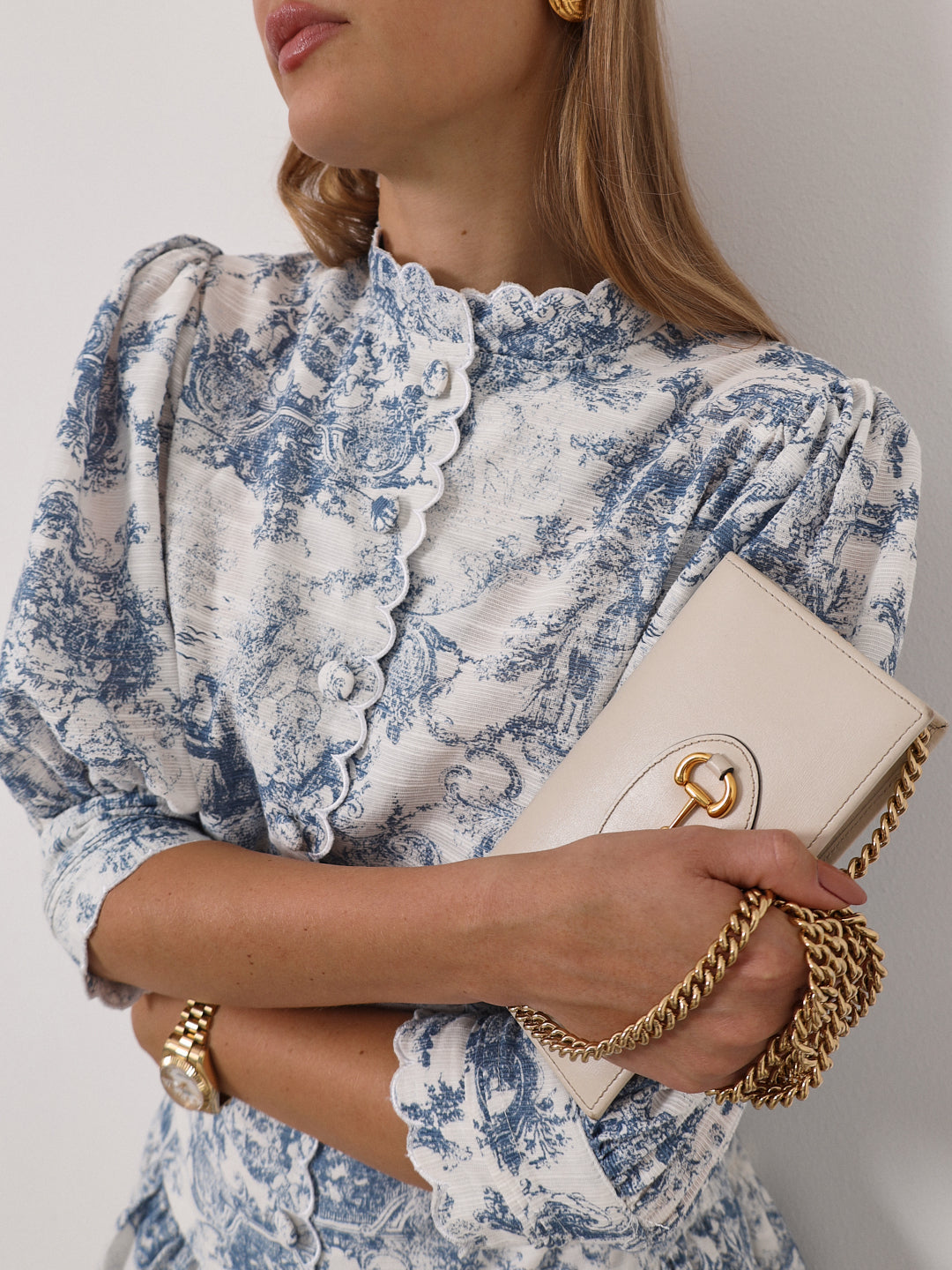 Verona Printed Scallop Trim Blouse | White & Blue