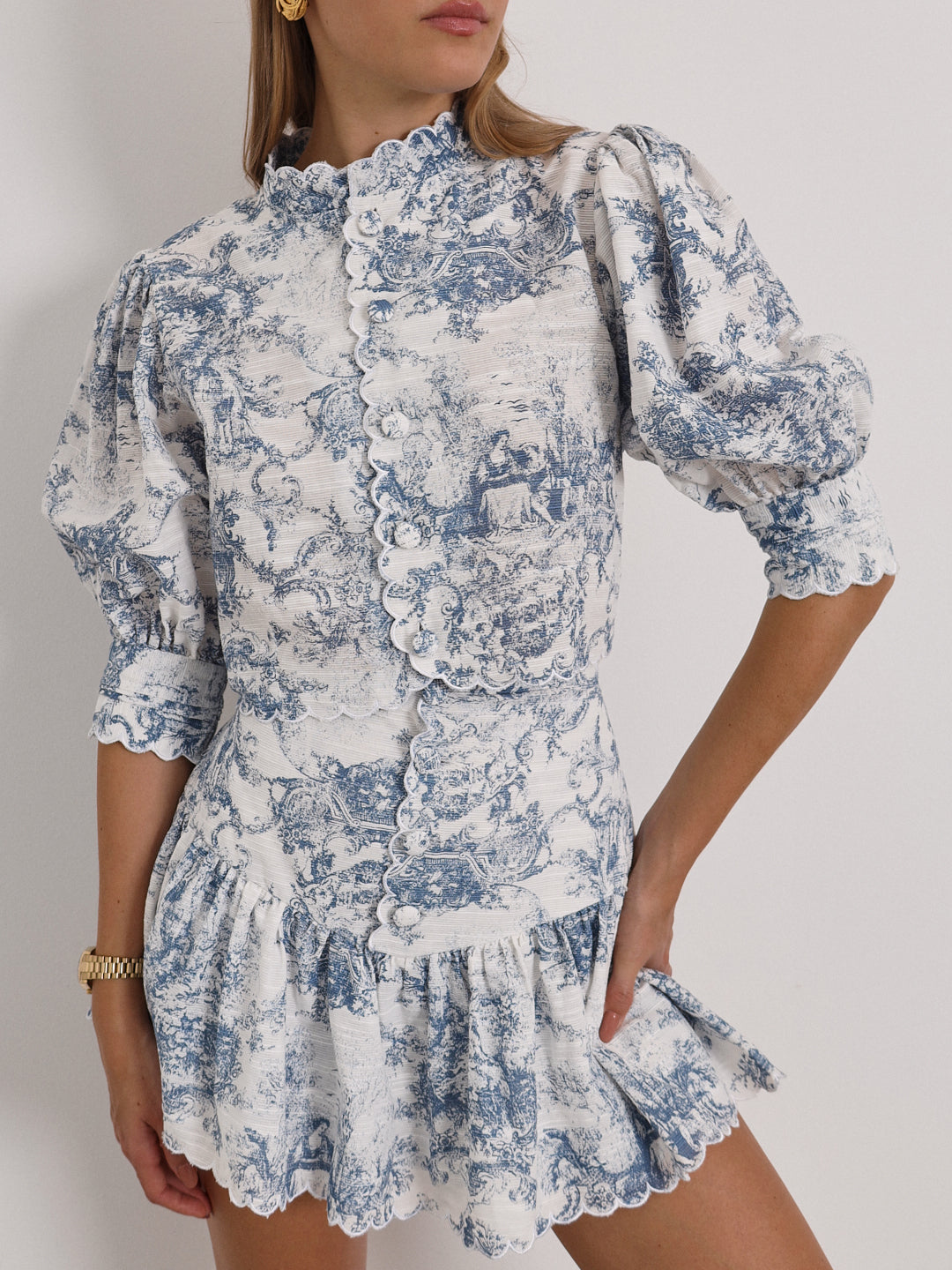 Verona Printed Scallop Trim Skort | White & Blue