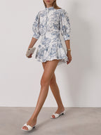 Verona Printed Scallop Trim Blouse | White & Blue