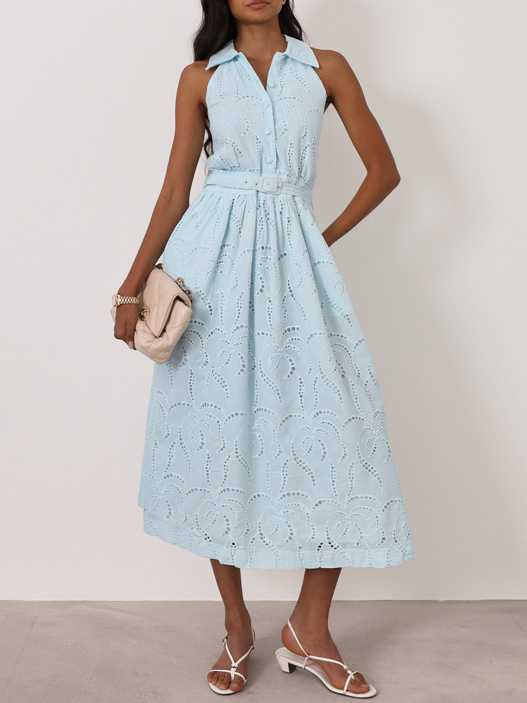 Viola Cutwork Timeless Belted Dress | Sky Blue