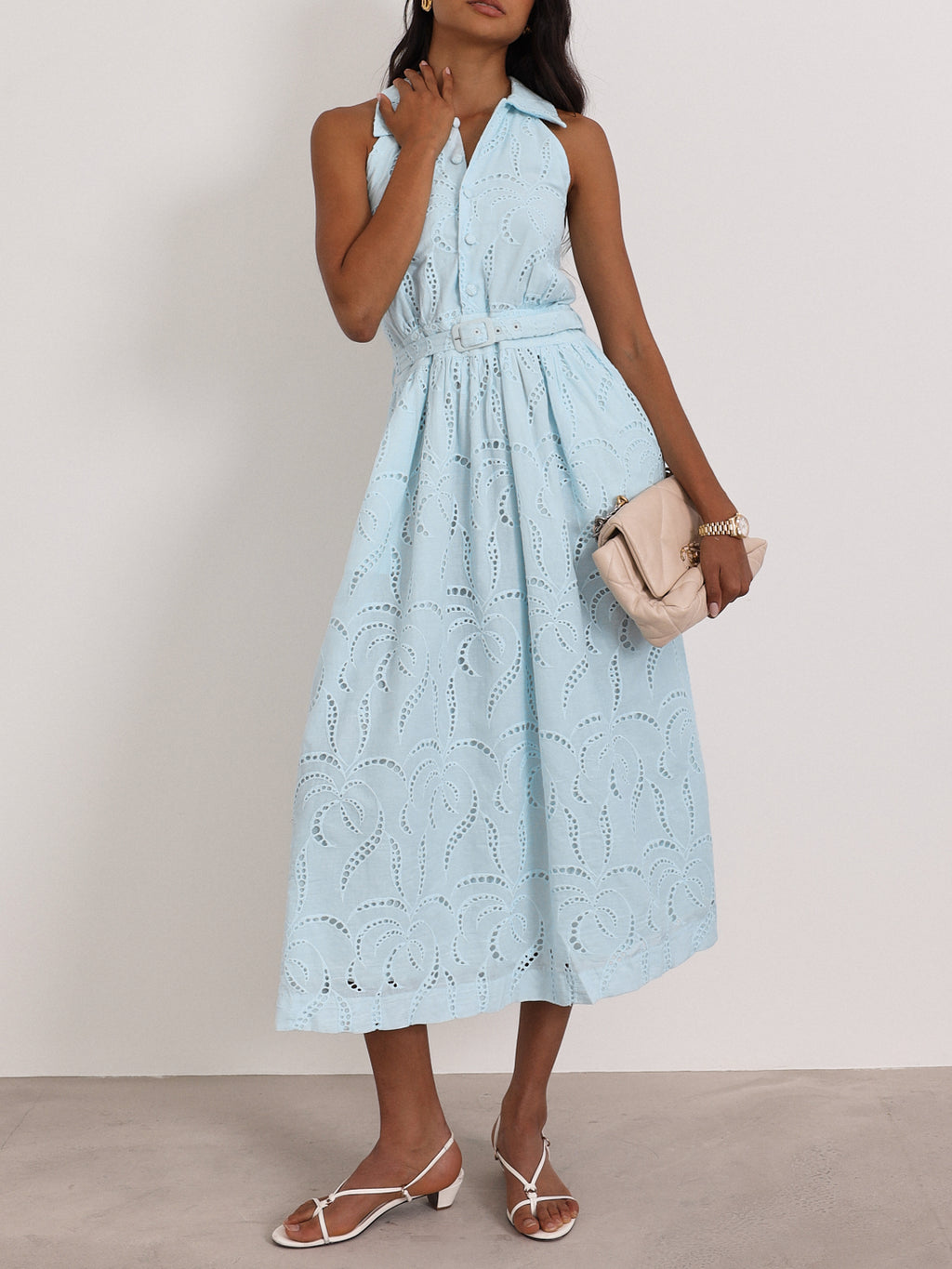 Viola Cutwork Timeless Belted Dress | Sky Blue