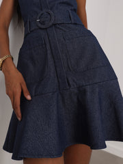 Zena Fit & Flare Belted Denim Dress | Denim Blue