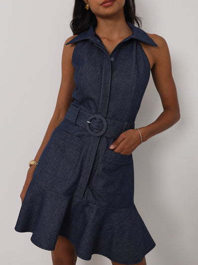 Zena Fit & Flare Belted Denim Dress | Denim Blue