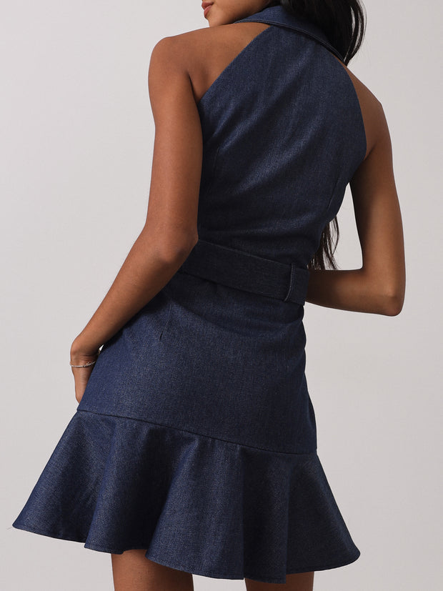 Zena Fit & Flare Belted Denim Dress | Denim Blue