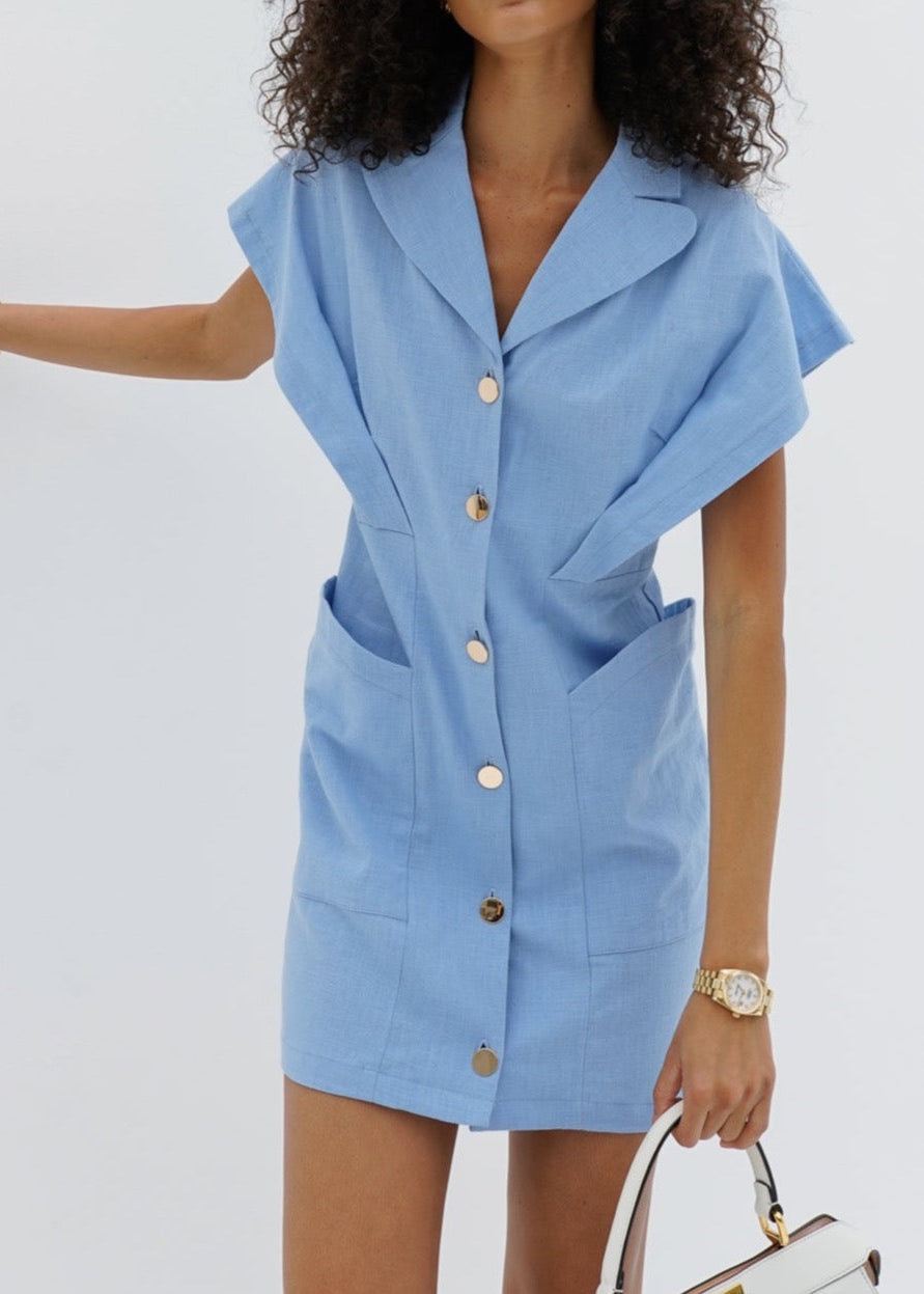 Erika Button Down Dress | Azure Blue