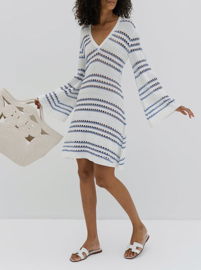 Nina Knitted Stripe Mini Dress | White & Blue