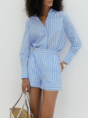 Portia Cotton Stripe Day Shorts | Sky Blue