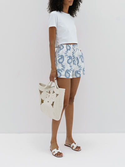 Jacira Embroidered Paisley Cotton Day Shorts | White & Blue