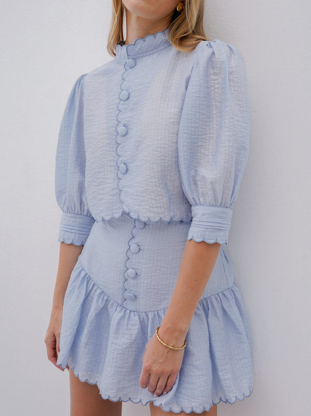 Kelsy Scalloped Textured Blouse | Sky Blue
