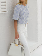 Kendal Embroidered Stripe Cotton Top | Blue