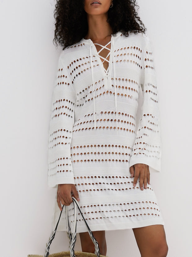 Nina Knitted Beach Dress With Tie Detail | White