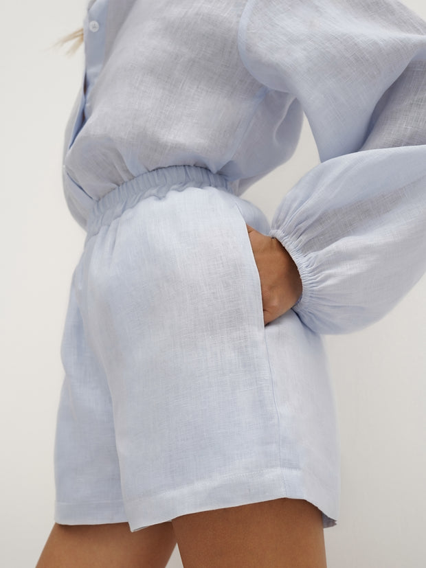 Rue Contrast Linen Shorts | Pale Blue