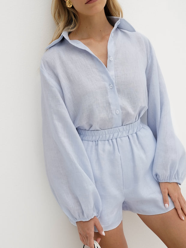 Rue Contrast Stitch Linen Shirt | Pale Blue