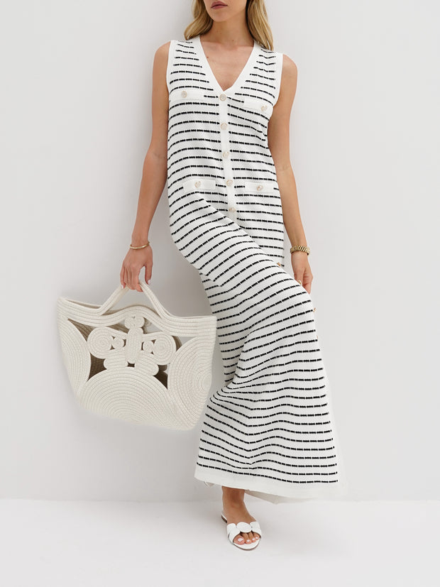 Ava Knitted Stripe Button Dress | White/Navy