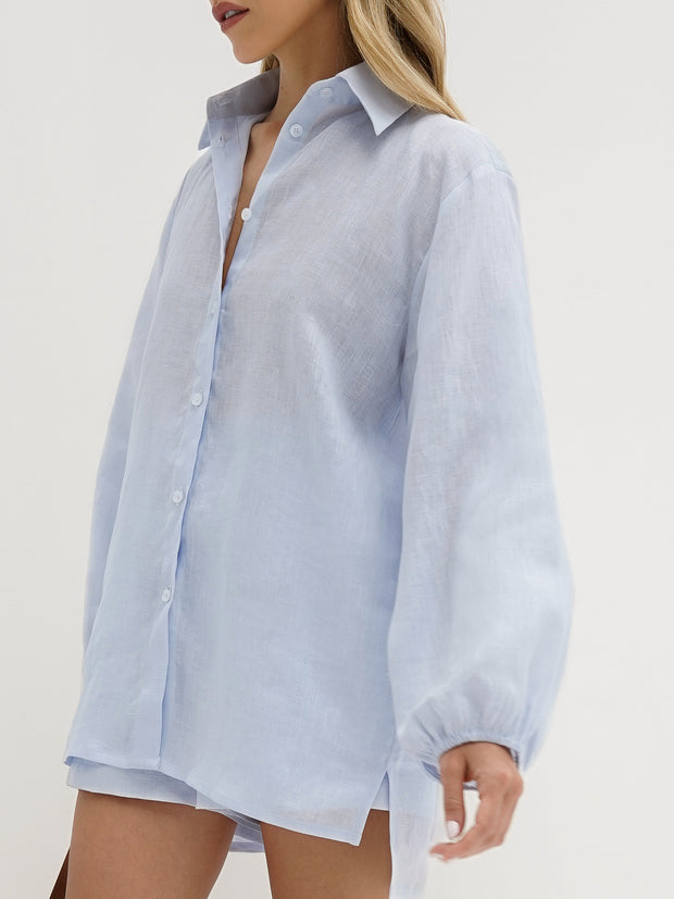 Rue Contrast Stitch Linen Shirt | Pale Blue